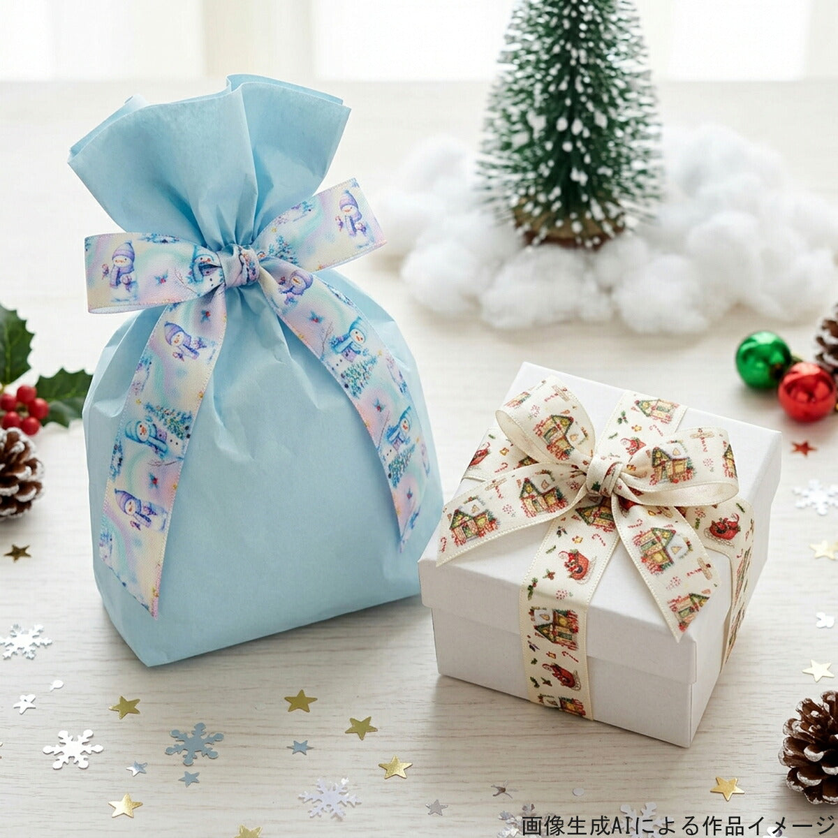 クリスマスサンタとスノーマンリボン25mm幅プリントリボン約1ｍ（98ｃｍ）カット済み「グログランリボン／サテンリボン印刷リボン」