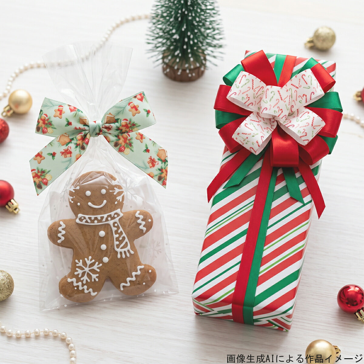 ジンジャークッキーとガーリークリスマスリボン25mm幅プリントリボン約1ｍ（98ｃｍ）カット済み「グログランリボン／サテンリボン印刷リボン」