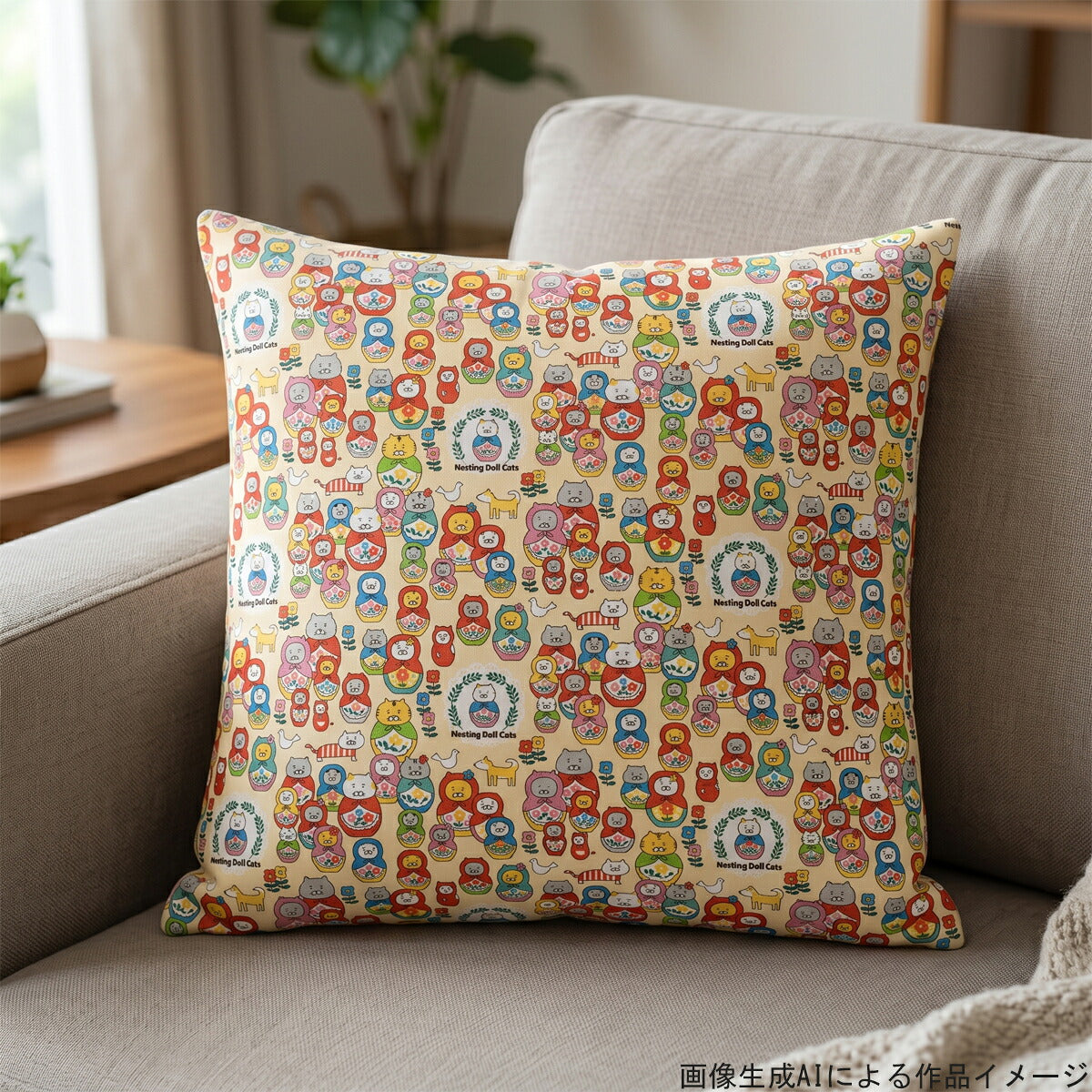 ニットネコリョーシカAクリーム系ポリエステルスムースニット生地KDP145-Aコットンこばやし（27）(30cm以上10cm単位切り売り)