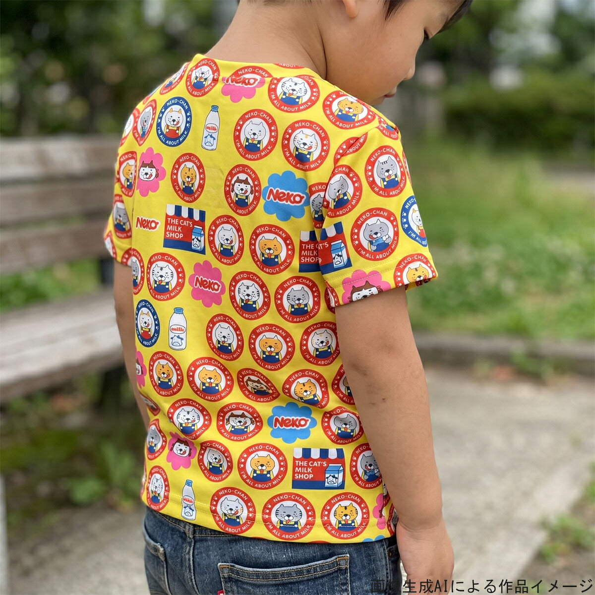 ニットペロネコAイエロー系ポリエステルスムースニット生地KDP146-Aコットンこばやし（31）(30cm以上10cm単位切り売り)