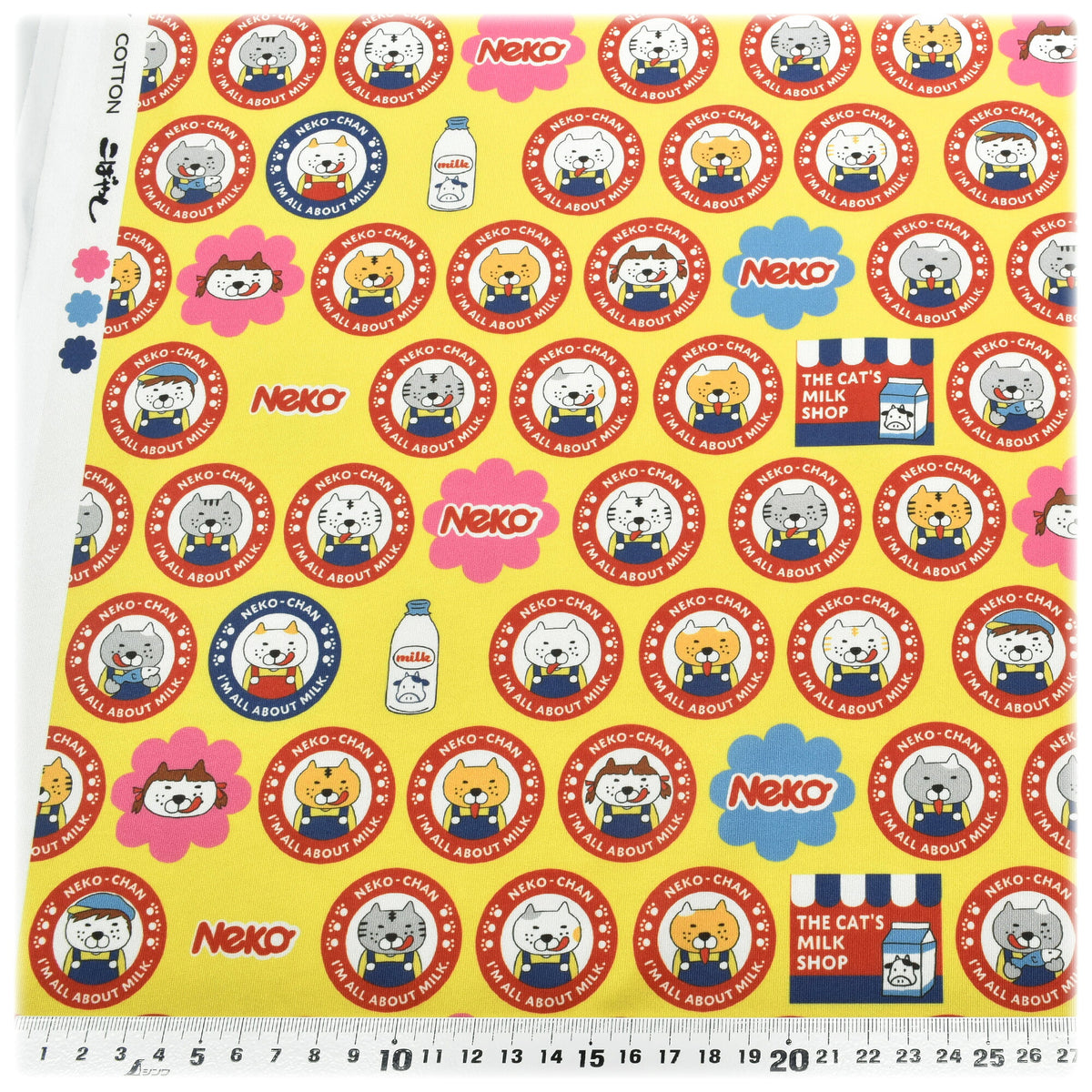 ニットペロネコAイエロー系ポリエステルスムースニット生地KDP146-Aコットンこばやし（31）(30cm以上10cm単位切り売り)