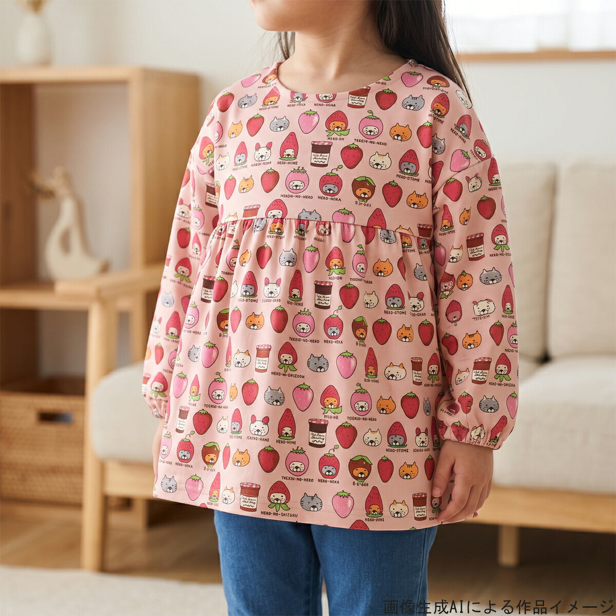 ニットイチゴ猫Aピンク系ポリエステルスムースニット生地KDP150-Aコットンこばやし（4）(30cm以上10cm単位切り売り)