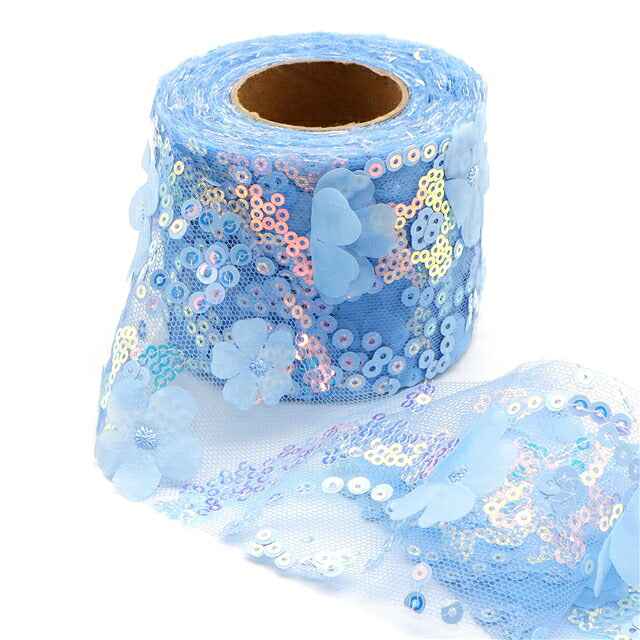 スパンコールとお花のチュールリボン幅60mm1m単位切り売り(2m以上)