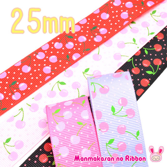 25mmプリントリボン水玉チェリーのリボン2m★