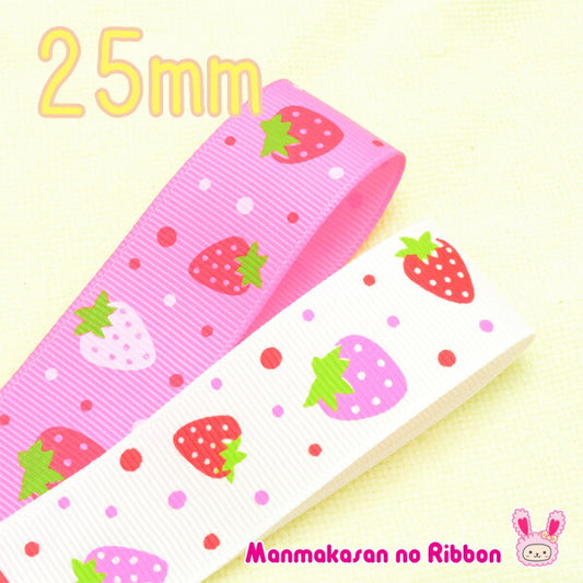 25mmプリントリボン水玉いちごのリボン2m
