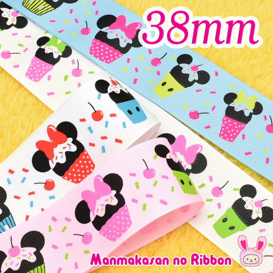 38mmプリントリボンディズニーチェリーとカップスイーツのリボン2m「在庫限り」