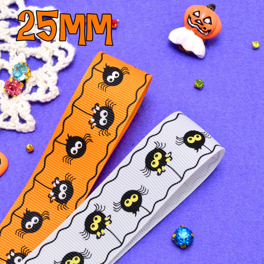 25mmプリントリボンハロウィン真っ黒クモのリボン2m「在庫限り」