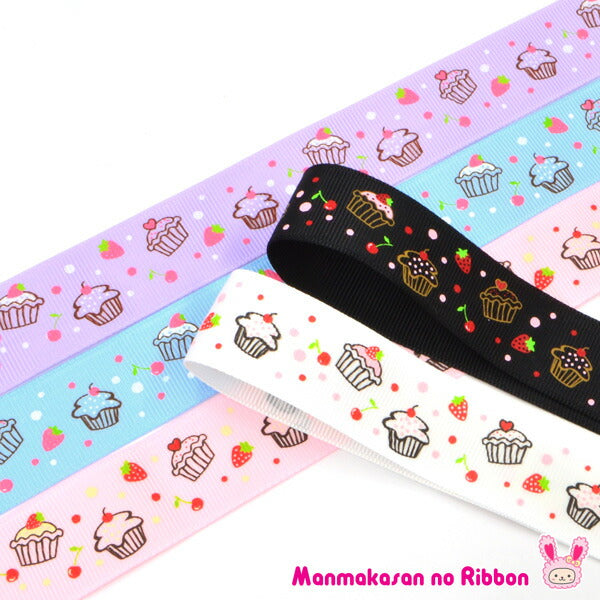 25mmプリントリボン苺とさくらんぼのカップケーキリボン2m「在庫限り」
